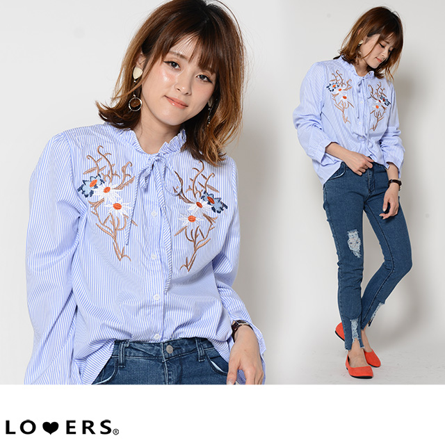 ストラップ刺繍ストライプシャツ ma【即納】トップス フリル 花柄 フラワー レディース