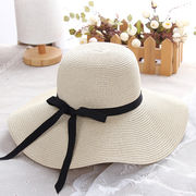 草編み帽子　折畳み　サンバイザー　 麦わら帽子　リボン付き　ビーチハット　UV対策　日焼け止め