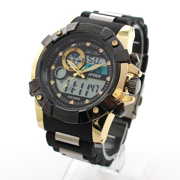 アナデジ HPFS612-YGBK アナログ&デジタル クロノグラフ 防水 ダイバーズウォッチ風メンズ腕時計