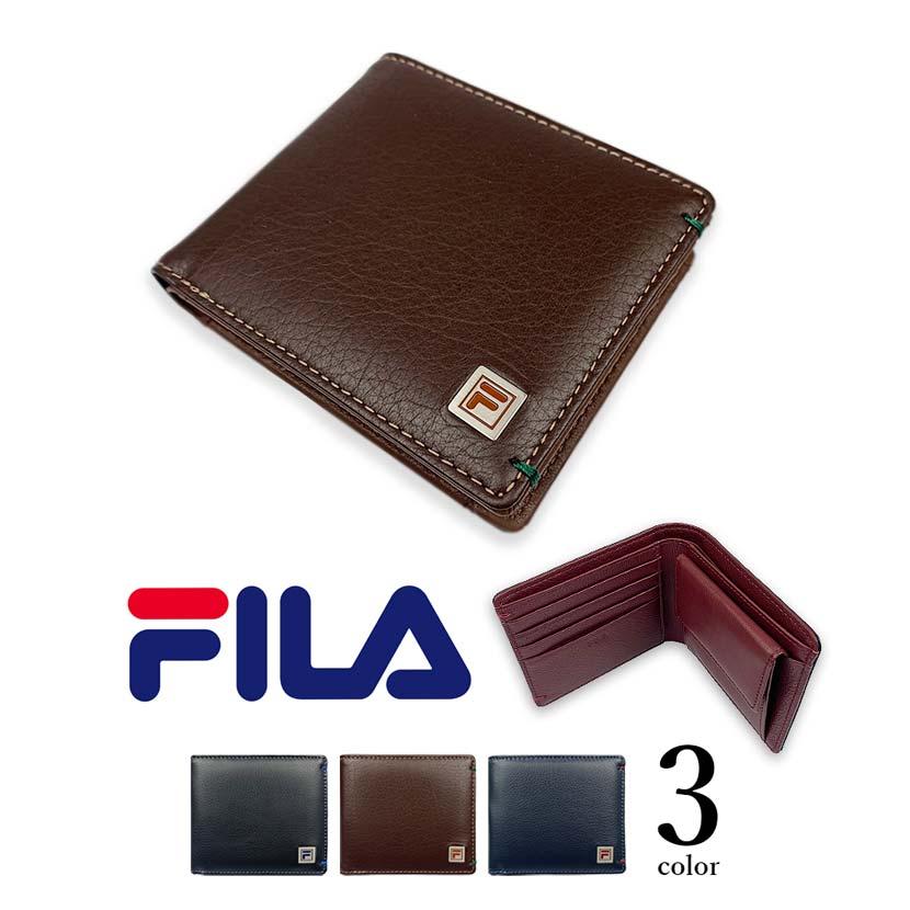 全3色 FILA（フィラ）リアルレザー バイカラー 二つ折り財布 ショートウォレット 牛革