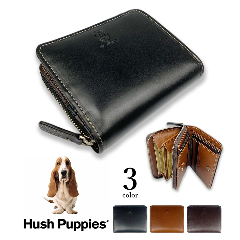 全3色　Hush Puppies ハッシュパピー リアルレザー 二つ折り財布 ショートウォレット ラウンドファスナー