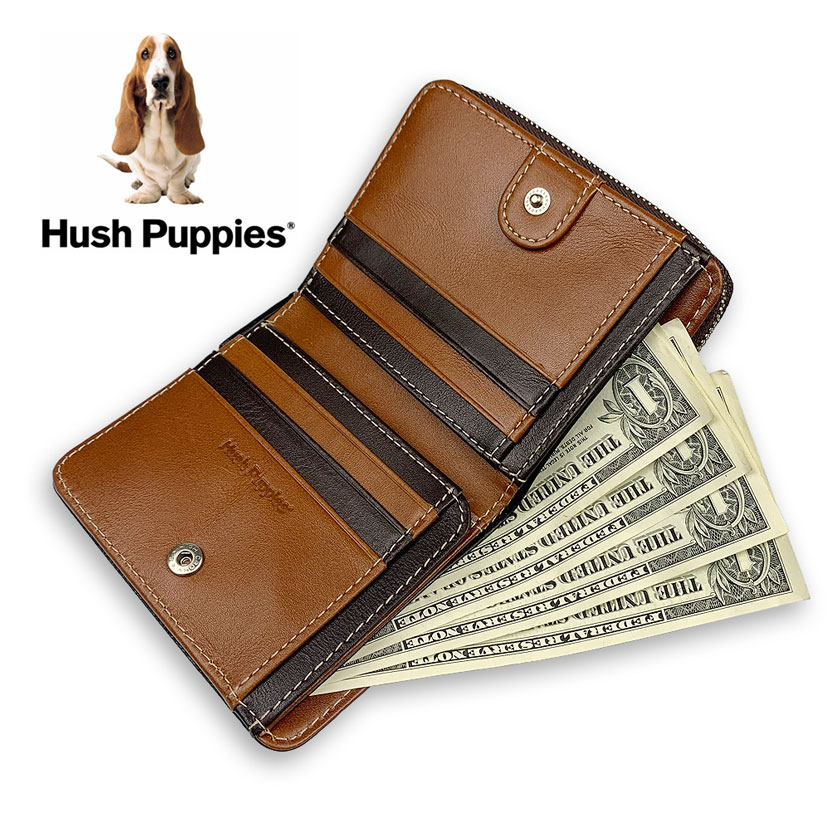 美品！Hush Puppies  ブラウン 全3色 Hush Puppies ハッシュパピー リアルレザー 二つ折り財布