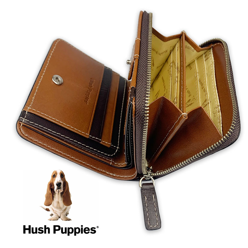 美品！Hush Puppies  ブラウン 全3色 Hush Puppies ハッシュパピー リアルレザー 二つ折り財布