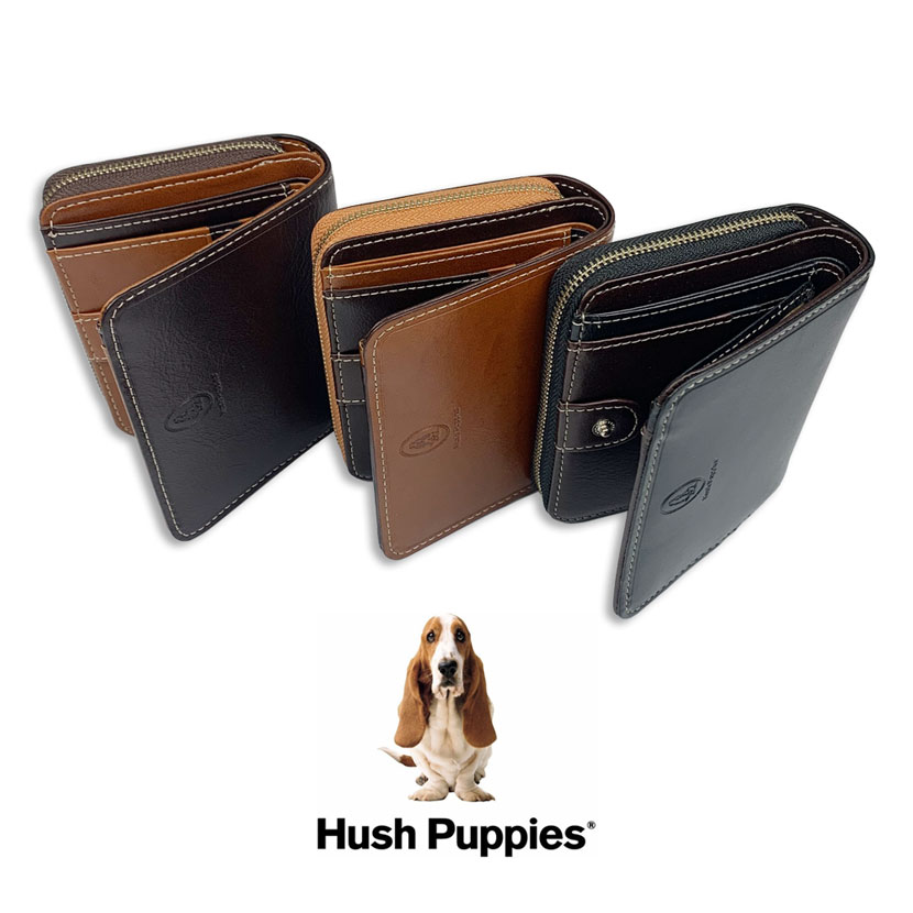 美品！Hush Puppies  ブラウン 全3色 Hush Puppies ハッシュパピー リアルレザー 二つ折り財布