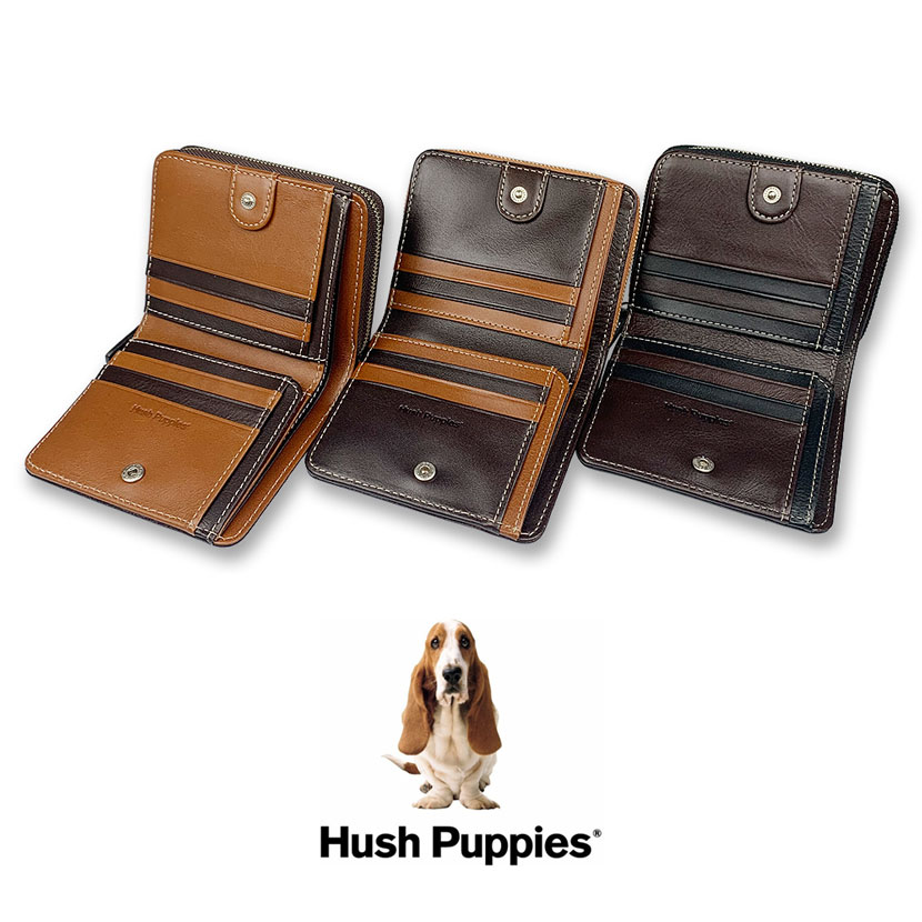 美品！Hush Puppies  ブラウン 全3色 Hush Puppies ハッシュパピー リアルレザー 二つ折り財布