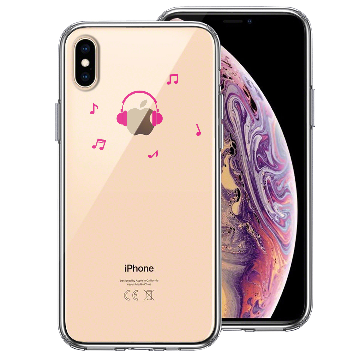 iPhoneX iPhoneXS 側面ソフト 背面ハード ハイブリッド クリア ケース 音楽 music ヘッドフォン ピンク
