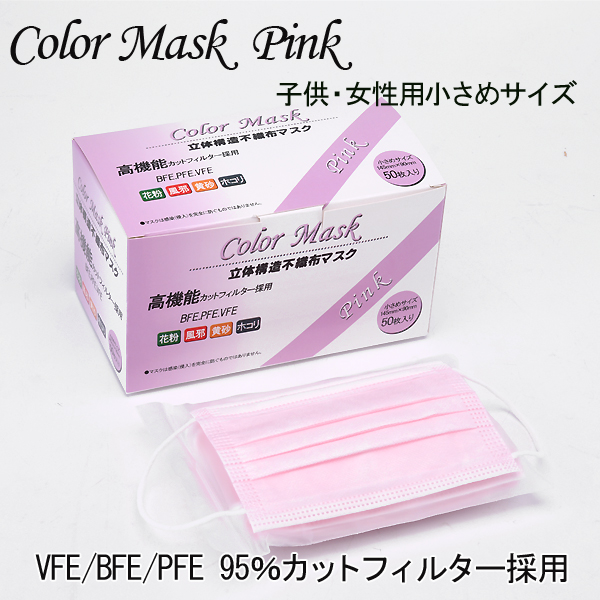 カラーマスク ピンク 小さめサイズ 子供用　使い捨てマスク 1カートン(40箱)