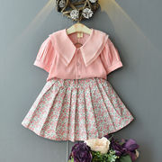 新作 「女の子2点セット」 ピューリタンカラーシャツ+花柄スカート セットアップ キッズ 子供服