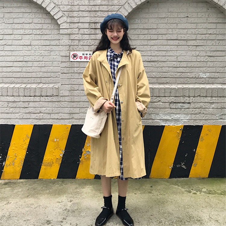 美貌であなたの心を襲う 韓国ファッション ピュアカラー トレンチコート ロングセクション 学生