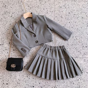 韓国ファッション 学院風  女の子 スモールスーツ 長袖 コート プリーツ スカート 2点セット リトルガール