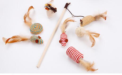【ペット用品】猫用おもちゃ 猫じゃらし 7種類 セット 天然木 コットン 羽 紙 を使用した 自然素材