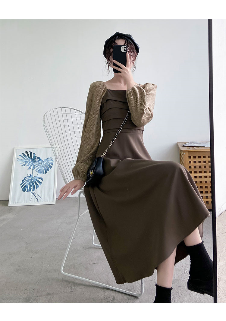優雅女性らしい 韓国ファッション 気質 スクエアネック 高級感 ティーブレイクドレス ギャザリング