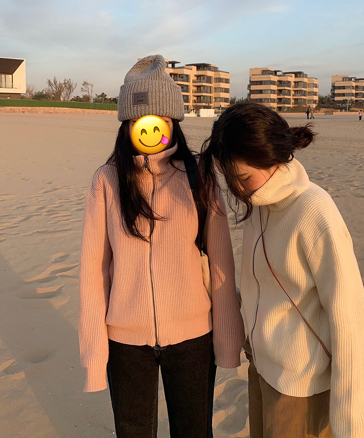 韓国ファッション 2021 秋 冬 学生 タートルネック ジッパー セーター ゆったりする ニットカーディガン