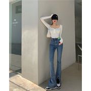 韓国ファッション トレンド ファッション ハイウエスト ジーンズ スリム 気質 スリット ロングパンツ