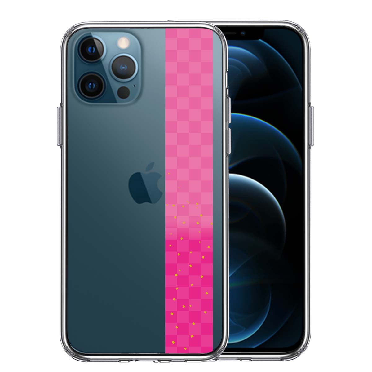 iPhone12 Pro 側面ソフト 背面ハード ハイブリッド クリア ケース 和柄 帯  市松模様 ピンク 金箔