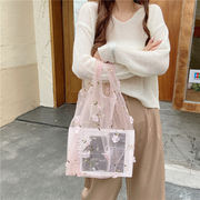 トートバッグ　チュールバッグ　透明　花柄　刺繍　デザイン　韓国ファッション