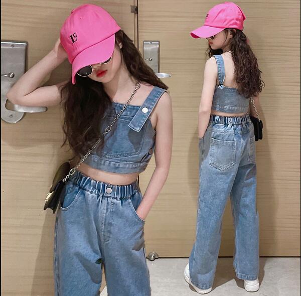 夏 子供服 キッズ デニム2点セット キャミトップス+パンツ セットアップ110-170 韓国ファッション