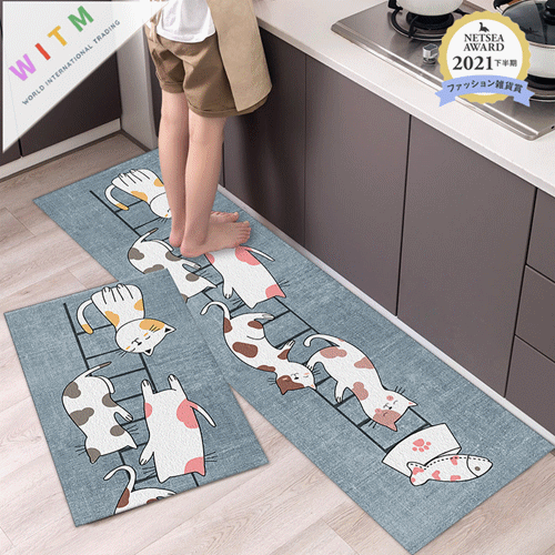 猫柄 玄関マット 吸水マット バスマット 40cm×120cm 滑り止め付き