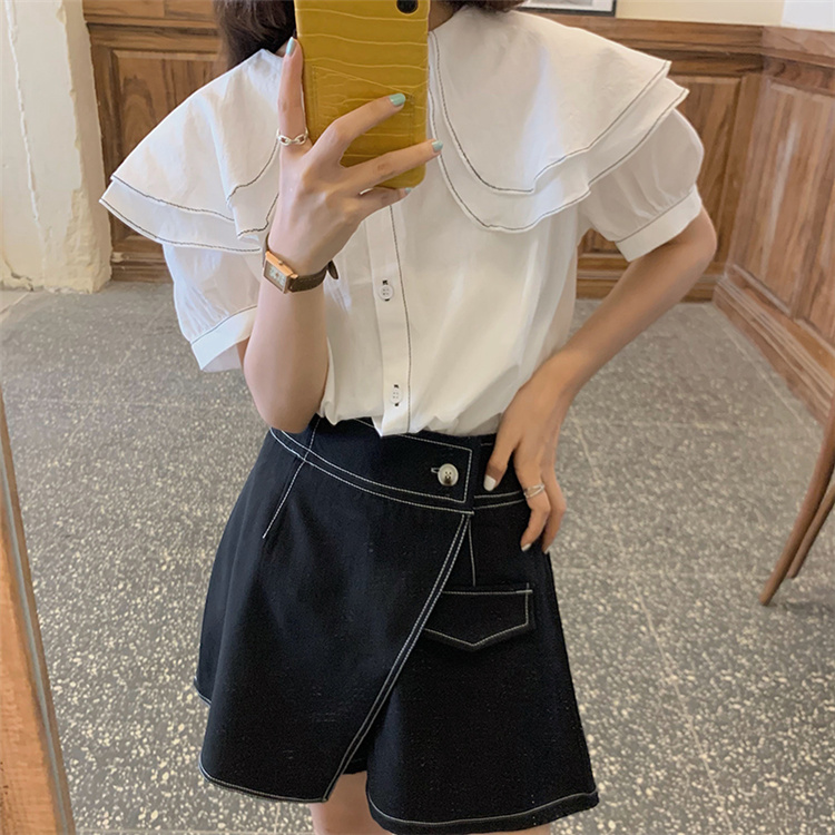 シルエットが美しい。韓国ファッション フリル 百掛け シャツ 半袖 シンプル カジュアル 小さい新鮮な