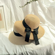 夏のレディースハット 麦わら帽子 韓国のファッション リボンボウハット 折りたたみ式 ビーチハット