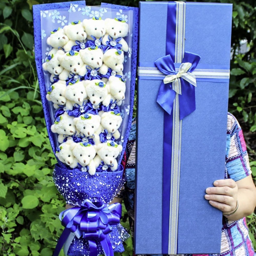 花束 クマ 薔薇 ブーケ ブルー 18匹 ボックス付き くまブーケ くま 熊 子熊 花 / プレゼント おすすめ 人気