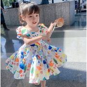 INS 2022新作 可愛い 子供服  デザイン感 女の子 キッズ ワンピース  半袖  泡袖 ワンピース  韓国子供服