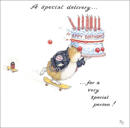グリーティングカード 誕生日/バースデー ピーター・クロス「スケートボードでケーキを運ぶねずみ」