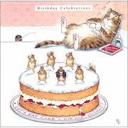 グリーティングカード 誕生日/バースデー ピーター・クロス「音楽を聴く猫とケーキの上で踊るねずみ」