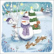 グリーティングカード クリスマス「2匹のウサギと雪だるま」メッセージカード 鳥 うさぎ