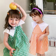 お勧め 春夏新作 韓国風子供服 女の子 チェック柄 袖なしワンピ シフトドレス ワンピース 7-15