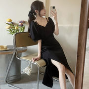 ブラック　パフ　ワンピース　女　夏　新しいデザイン　風　リトルブラックドレス　フランス語