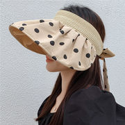夏麦わら帽子　帽子　サンバイザー　UVカット　日焼け防止　紫外線対策　つば広　水玉