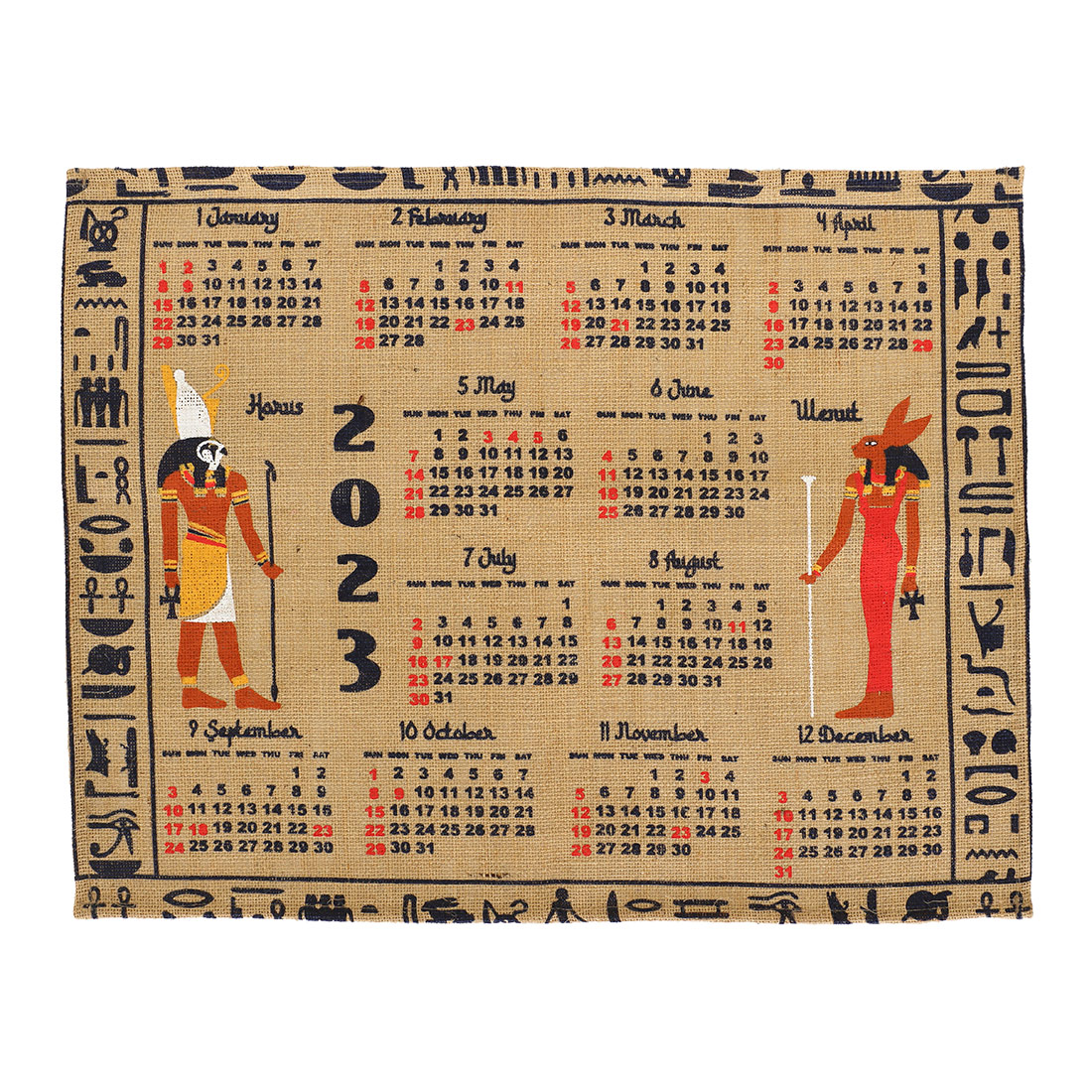 ジュートカレンダー　エジプト神[2023年カレンダー 麻 ピラミッド 神様 サウジアラビア 砂漠]