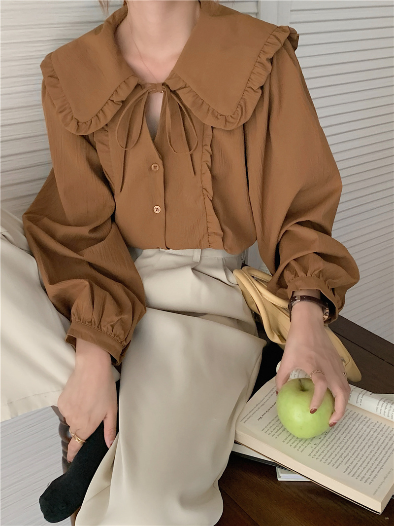 INS 秋新作 ファッション レトロ 気質 リボン折り襟    長袖  シャツ/ブラウス