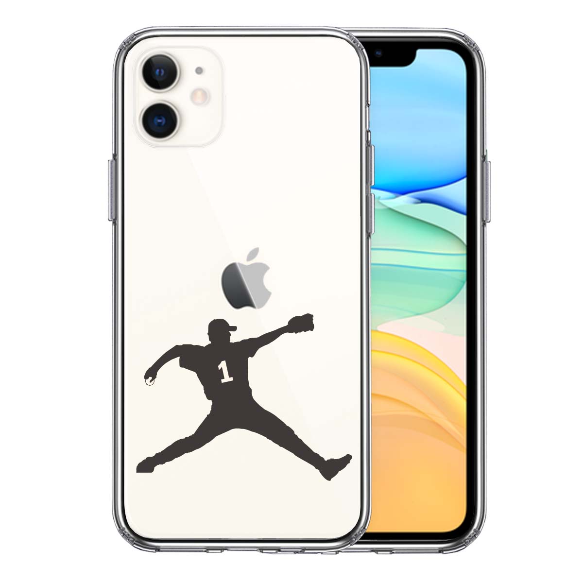 iPhone11 側面ソフト 背面ハード ハイブリッド クリア ケース 野球 ピッチャー 背中