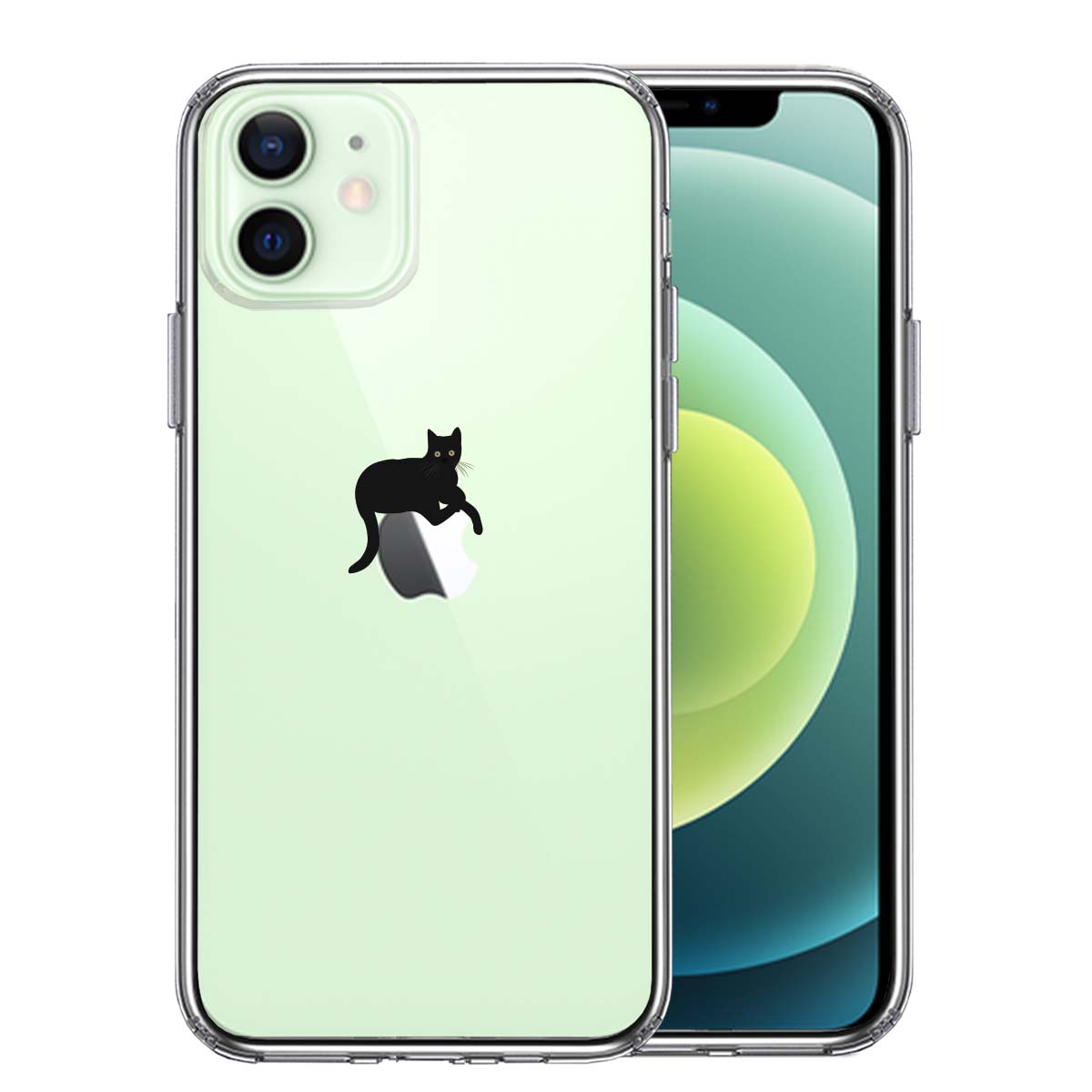iPhone12 側面ソフト 背面ハード ハイブリッド クリア ケース 猫 りんごペチペチ