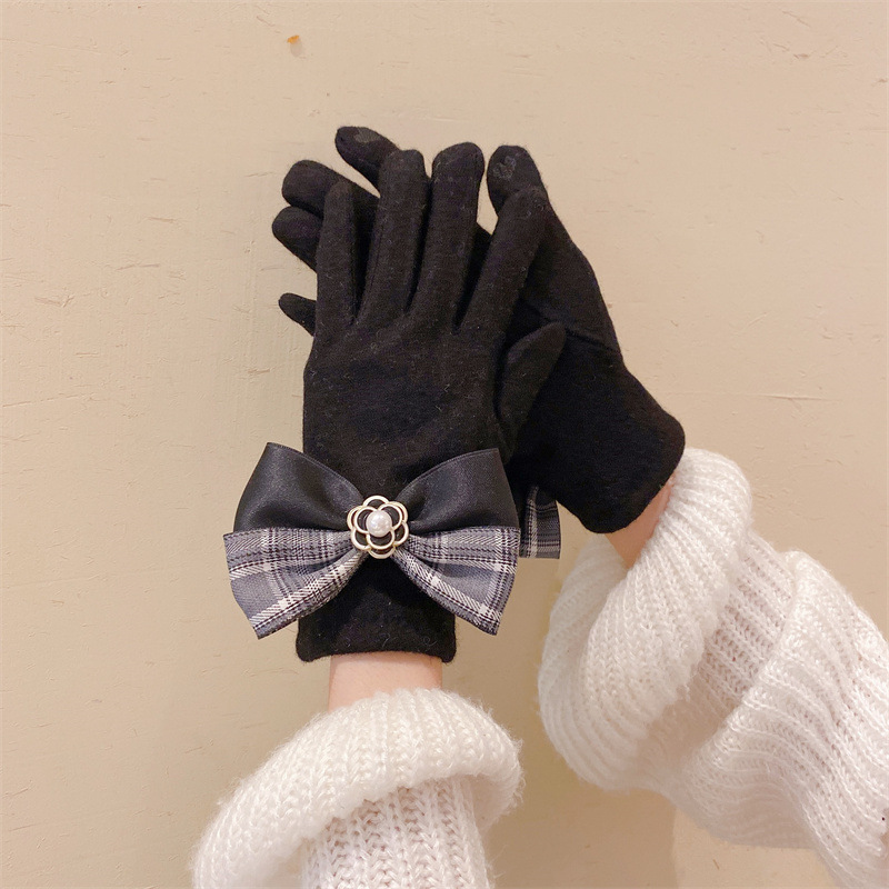 手袋　リボン　かわいい　レディース　韓国ファッション　スマホ対応　秋冬　チェック柄