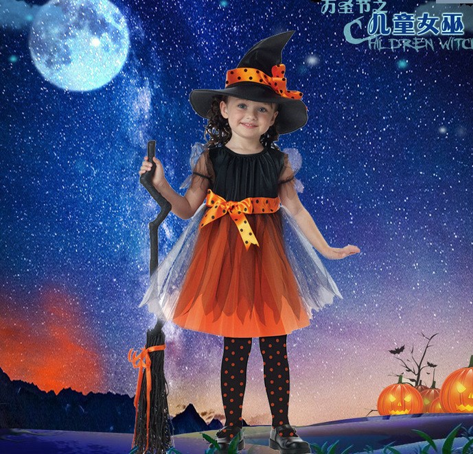 ハロウィン　大人気　 魔女 ハロウィン衣装 　子供服　子供用 コスプレ衣装  2セット　服＋帽子　90-160cm