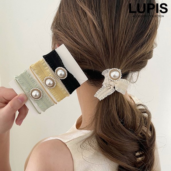 ヘアアクセサリー ヘアゴム ヘアタイ リボン フリル パール ガーリー 2連 レトロ クラシカル