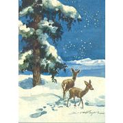 ポストカード アート クリスマス ケーガー「雪原の二頭の鹿」名画 郵便はがき
