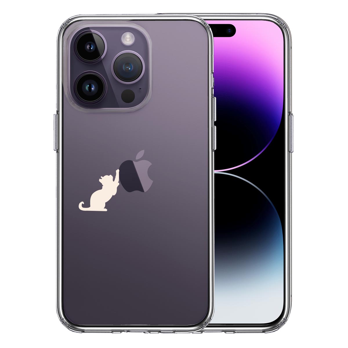 iPhone14 Pro 側面ソフト 背面ハード ハイブリッド クリア ケース 猫 リンゴ キャッチ ホワイト