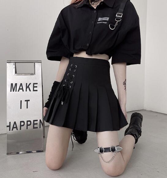 ガーリッシュ 黒 プリーツスカート 夏ファッション Aライン レトロ ハイウェストスカート