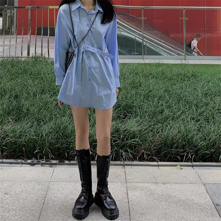 高レビュー多数超特価中 韓国ファッション ミニスカート  シャツワンピ 怠惰な風 中長セクション