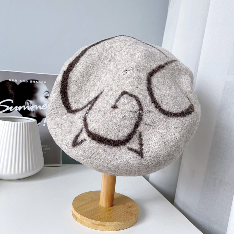 秋冬新作ニットベレー帽子供可愛い文芸的猫画家帽清新な作風万能型スチュワーデス帽