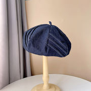 幾何学折れ目デニムベレー帽女春夏文芸的気質画家帽カジュアル万能型ベレー帽
