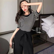 魅力を醸し出す 韓国ファッション 2点セット ワイドパンツ ロングパンツ カラーマッチング ボーダー