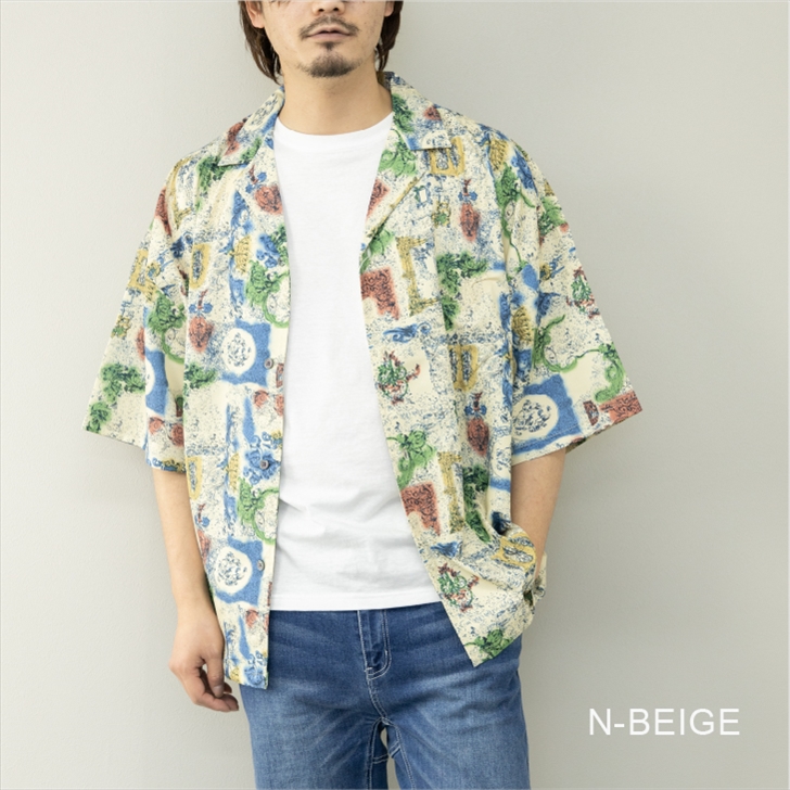 メンズ リーフ柄シャツ 大きめ ビッグシルエット ルーズ K00174 シャツ メンズ 総柄プリント ビッグシルエット オープンカラー