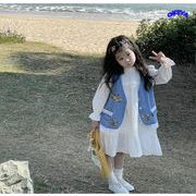 韓国子供服　トップス　ガールズ　ベスト　デニム　花刺繍　可愛い　キッズ服　ファション　90#-140#