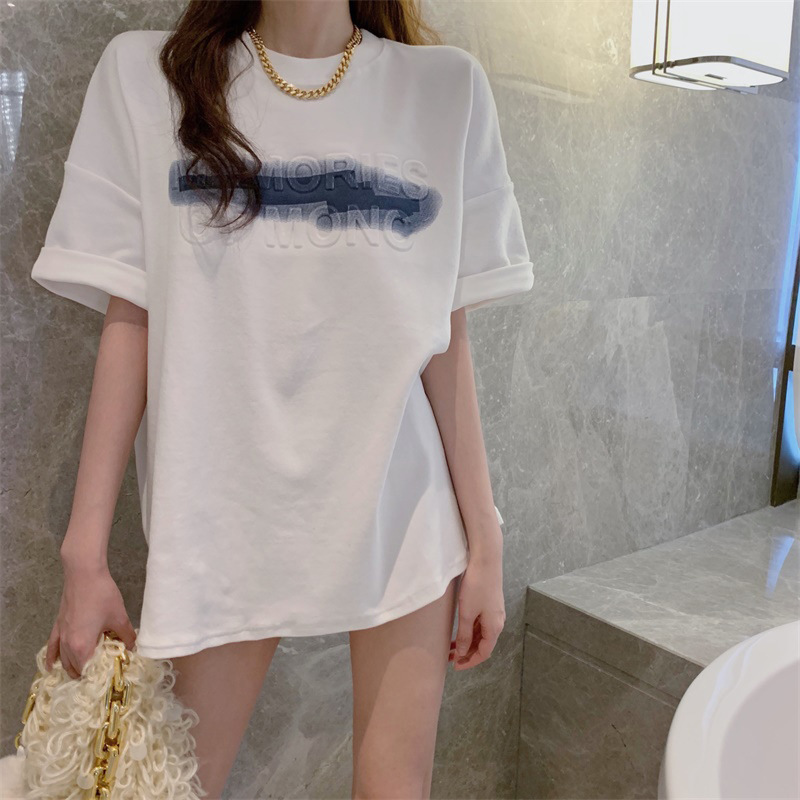 2023夏の新作白Tシャツ女子ミドル丈ゆったり韓国半袖上着女子プリントブーム