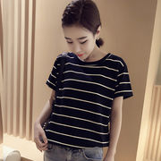 2023夏の新作韓国ゆったりサイズストライプ半袖Tシャツブラウスレディース婦人服